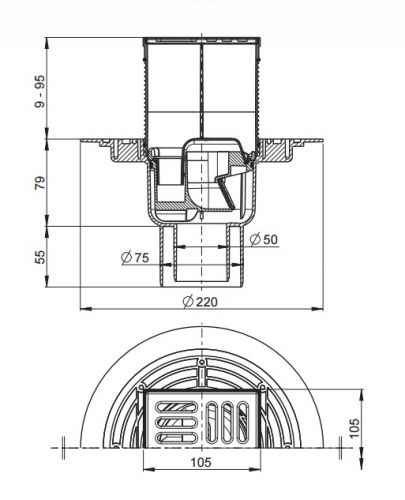 APV2321 Сливной трап 105 × 105/50/75, подводка – прямая, решетка – нержавеющая сталь, гидрозатвор Alca Plast в Краснодаре